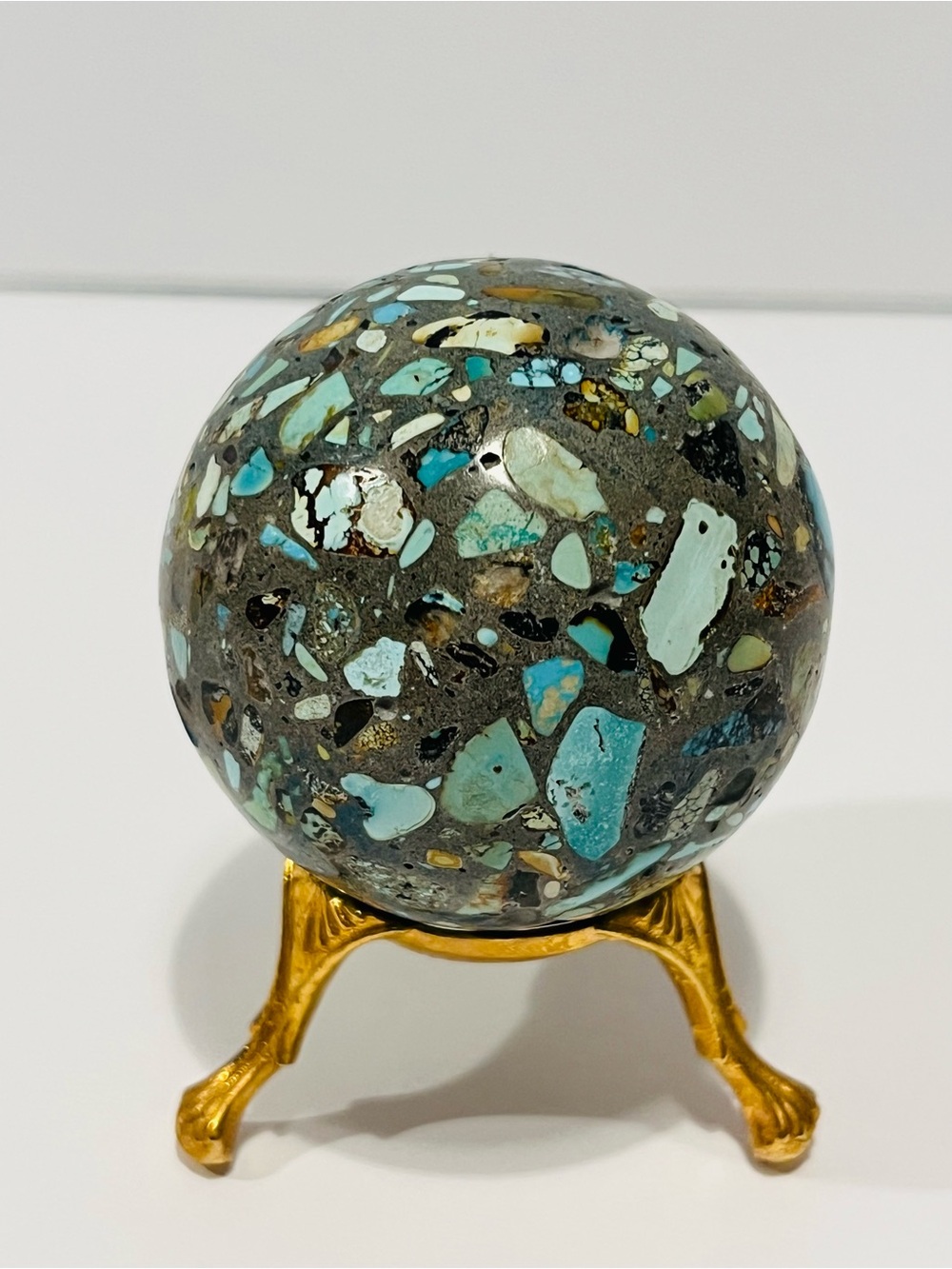 Vintage Decorative Turquoise Mosaic Sphere on Gold Stand .